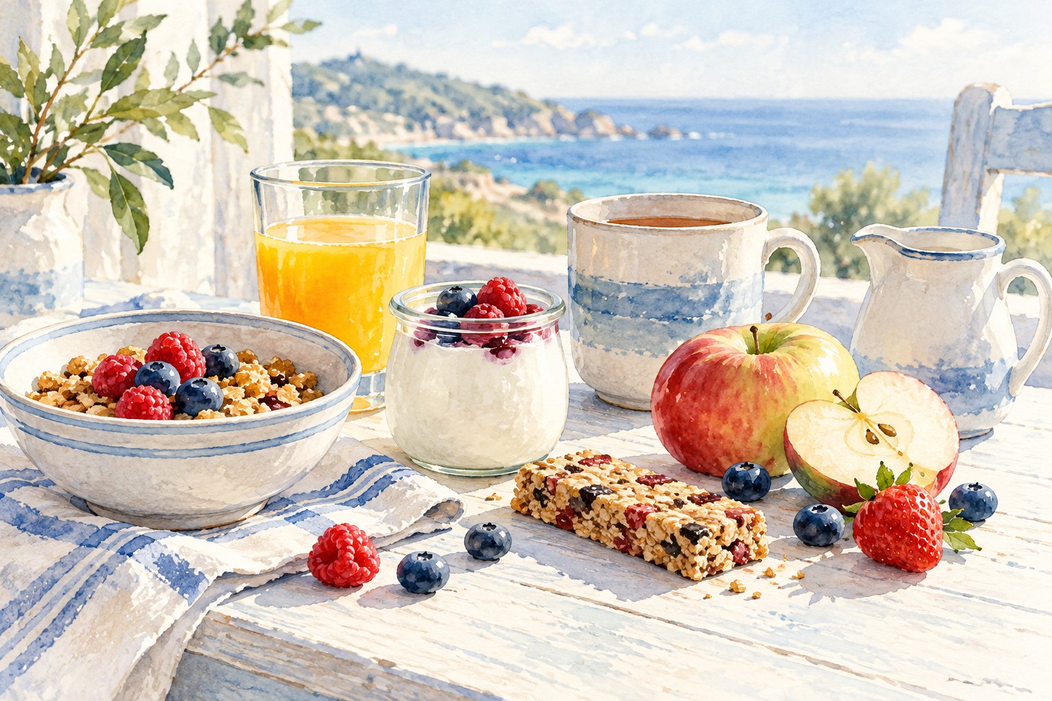 Watercolour illustration of fruit, cereal, yoghurt, juice and tea in a coastal setting